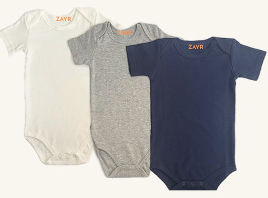 Set of 3 Short Sleeve Onesies - White, Gray & Navy Blue