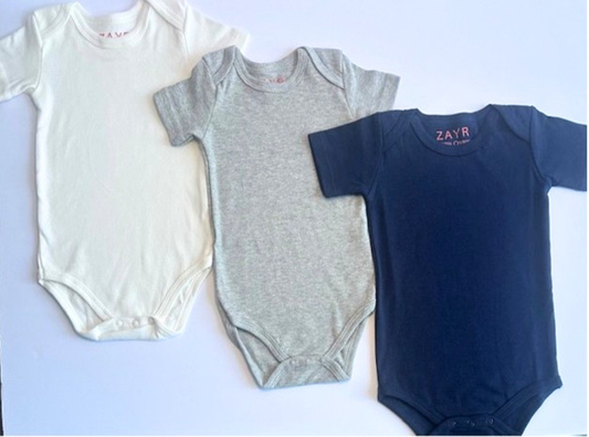 Set of 3 Short Sleeve Onesies - White, Gray & Navy Blue